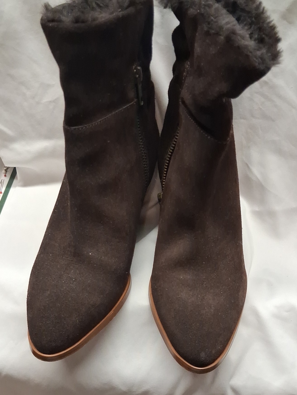 Garnet Hill Dark Brown Suede Faux-Fur Cuff Ankle Booties